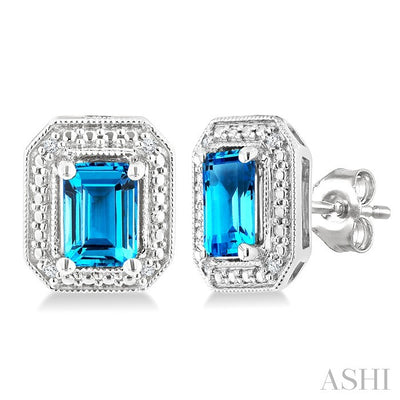 Silver Emerald Shape Gemstone & Diamond Earrings