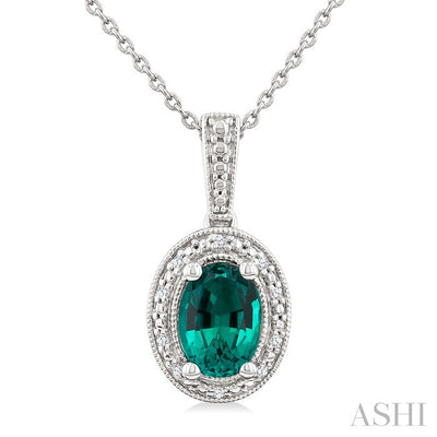 Silver Oval Shape Gemstone & Diamond Pendant