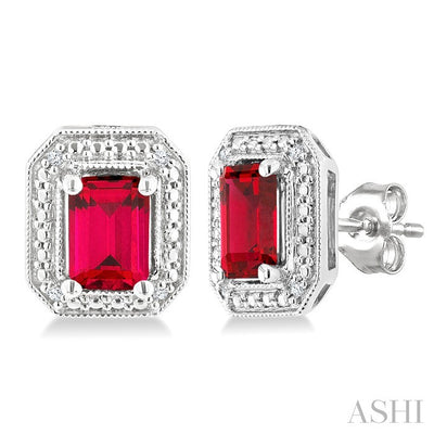 Silver Emerald Shape Gemstone & Diamond Earrings