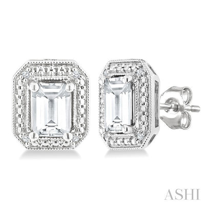Silver Emerald Shape Gemstone & Diamond Earrings