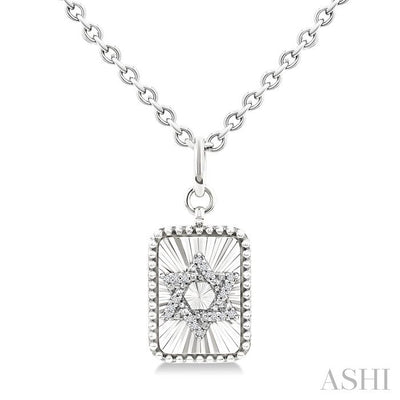 Silver Rectangle Star Of David Fluted Medallion Diamond Pendant