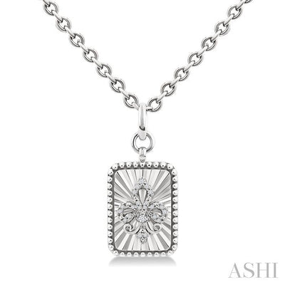 Silver Rectangle Fleur-De-Lis Fluted Medallion Diamond Pendant