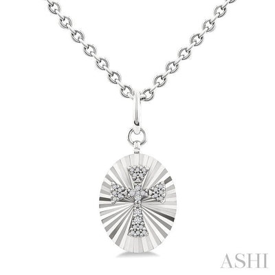 Silver Oval Shape Cross Fluted Medallion Diamond Pendant