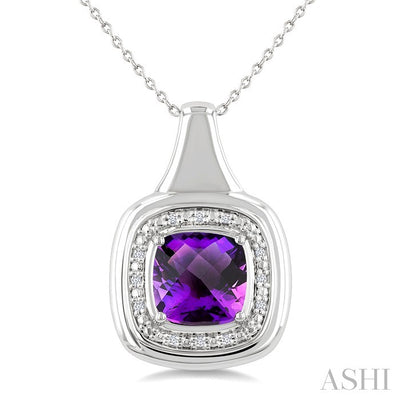 Silver Bold Cushion Shape Gemstone & Diamond Pendant