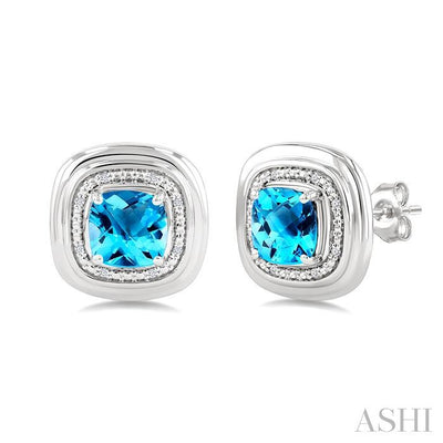 Silver Bold Cushion Shape Gemstone & Diamond Earrings