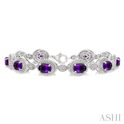 Silver Oval Shape Gemstone & Diamond Bracelet