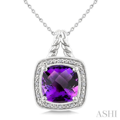 Silver Cushion Shape Gemstone & Diamond Pendant