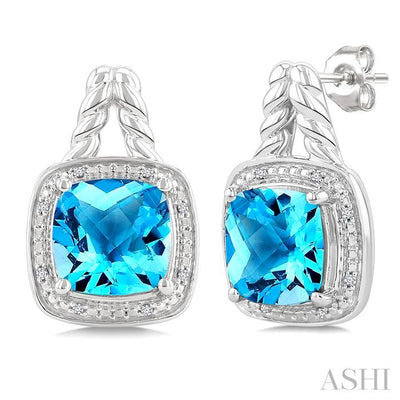 Silver Cushion Shape Gemstone & Diamond Earrings
