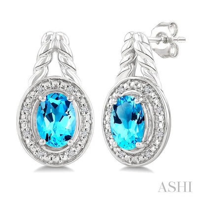 Silver Oval Shape Gemstone & Diamond Earrings