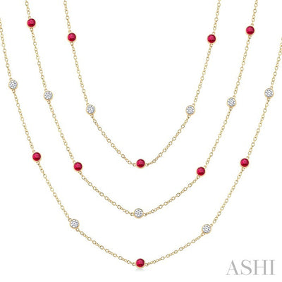 Round Shape Gemstone & Diamond Station Necklace