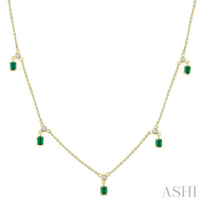 Emerald Shape Gemstone & Diamond Dangle Station Necklace