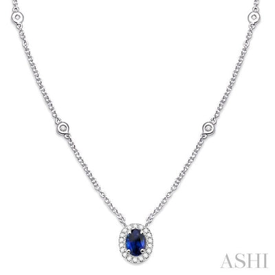 Oval Shape Gemstone & Halo Diamond Station Necklace