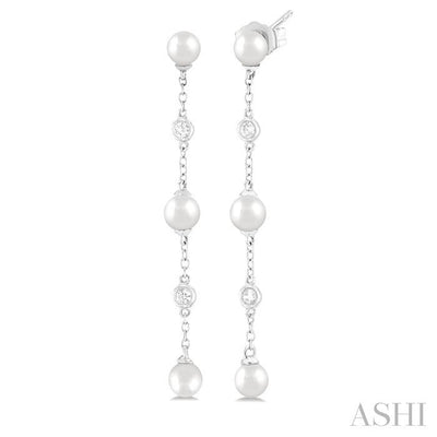 Pearl & Diamond Station Long Chain Earrings