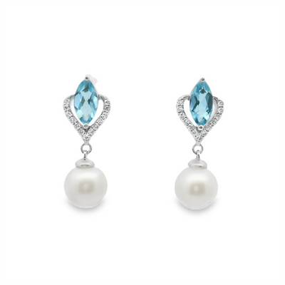 Pearl, Blue Topaz & Diamond Earrings