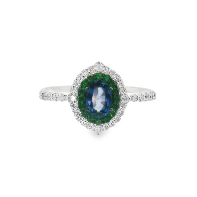 Sapphire, Green Tsavorite Garnet & Diamond Halo Fashion Ring