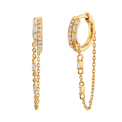 Baguette Diamond Huggie Chain Earrings