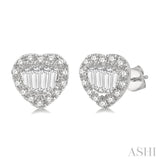 3/8 ctw Heart Shape Baguette Center & Round Cut Diamond Earrings in 14K White Gold