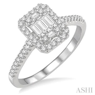 Emerald Shape Halo Fusion Diamond Engagement Ring