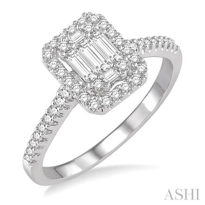 Emerald Shape Halo Fusion Diamond Engagement Ring