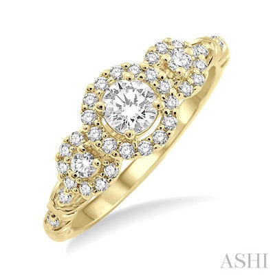 Round Shape Past Present & Future Halo Diamond Engagement Ring