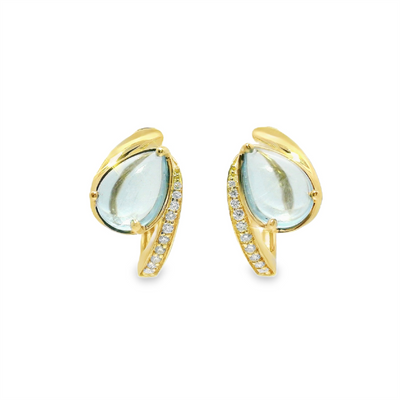 Cabochon Aquamarine & Diamond Hoop Earrings