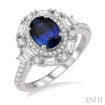 Oval Shape Gemstone & Baguette Halo Diamond Ring