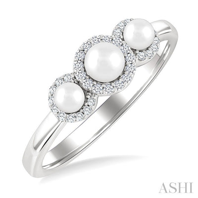 Round Shape Past Present & Future Pearl & Halo Diamond Ring