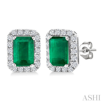 Emerald Shape Gemstone & Halo Diamond Earrings