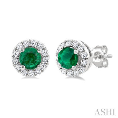 Round Shape Gemstone & Halo Diamond Earrings