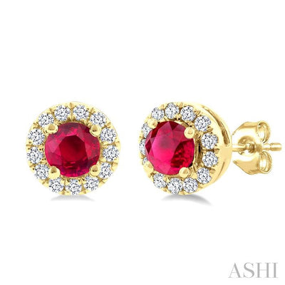 Round Shape Gemstone & Halo Diamond Earrings