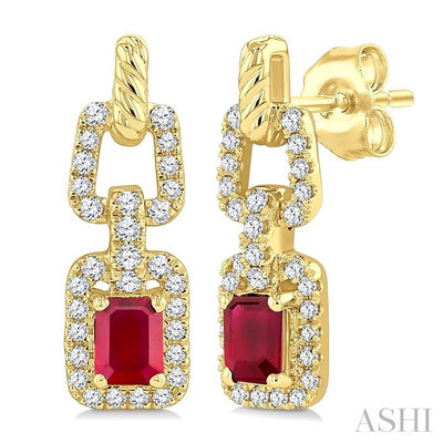 Emerald Shape Gemstone & Diamond Link Earrings