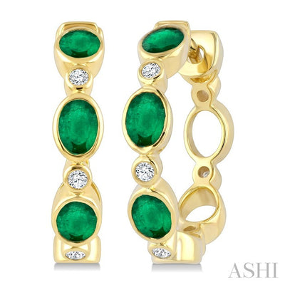 Oval Shape Bezel Gemstone & Diamond Fashion Hoop Earrings