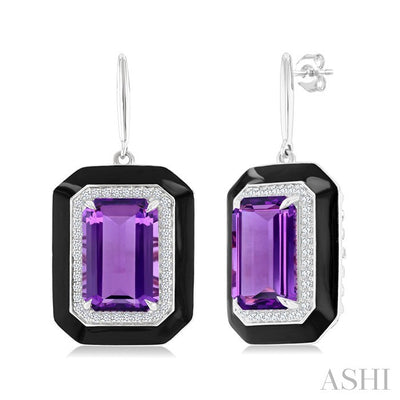 Evoque Gemstone Emerald Shape Black Enamel & Halo Diamond Earrings