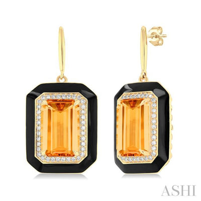 Emerald Shape Black Enamel Gemstone & Halo Diamond Earrings