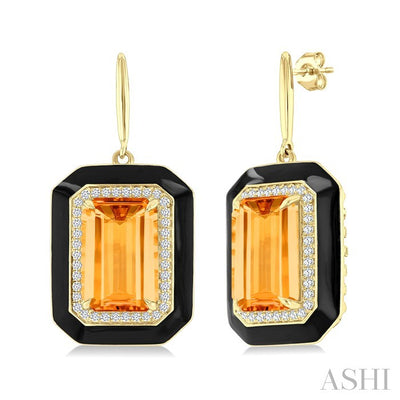 Evoque Gemstone Emerald Shape Black Enamel & Halo Diamond Earrings