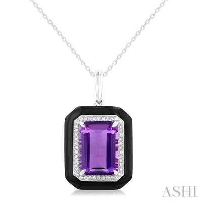 Emerald Shape Black Enamel Gemstone & Halo Diamond Pendant