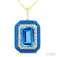 Emerald Shape Blue Enamel Gemstone & Halo Diamond Pendant