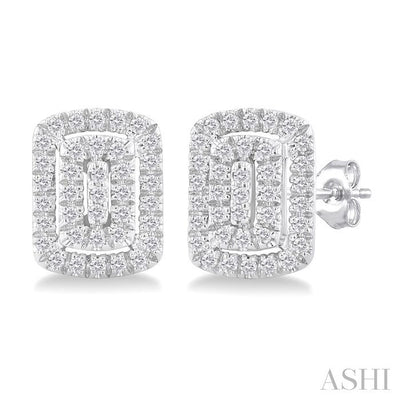 Emerald Shape Petite Halo Diamond Fashion Earrings