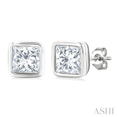 Princess Shape Bezel Set Petite Diamond Fashion Stud Earrings