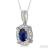 6x4 MM Oval Cut Sapphire and 1/10 Ctw Single Cut Diamond Pendant in 10K White Gold with Chain