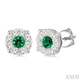 3.3mm Round Cut Emerald and 1/2 Ctw Lovebright Diamond Precious Earrings in 14K White Gold