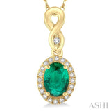 6x4 MM Oval Cut Emerald and 1/10 Ctw Round Cut Diamond Pendant in 10K Yellow Gold with Chain