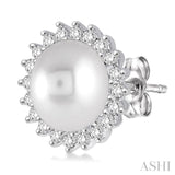 7x7 MM Cultured Pearls and 1/4 Ctw Round Cut Diamond Earrings in 14K White Gold