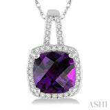 8x8 MM Cushion Shape Amethyst and 1/5 ctw Round Cut Diamond Pendant in 10K White Gold with Chain