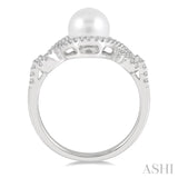1/5 Ctw Twisted Open Lattice 7 MM Cultured Pearl and Round Cut Diamond Ring in 10K White Gold