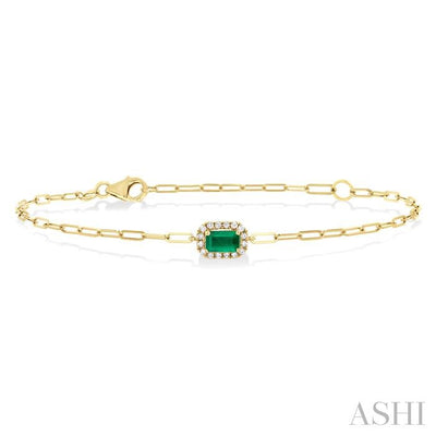 Emerald Shape Paperclip Gemstone & Halo Diamond Chain Bracelet