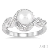 1/10 Ctw Round Cut Diamond and Center 7 MM Cultured Pearl Twisted Swirl Ring in 10K White Gold