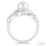 1/10 Ctw Round Cut Diamond and Center 7 MM Cultured Pearl Twisted Swirl Ring in 10K White Gold