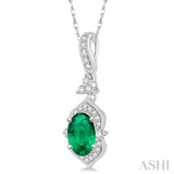 6x4 MM Oval Shape Emerald and 1/5 Ctw Diamond Precious Pendant in 14K White Gold with Chain