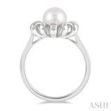 1/10 Ctw Floral 7 MM Round Cultured Pearl & Round Cut Diamond Ring in 10K White Gold